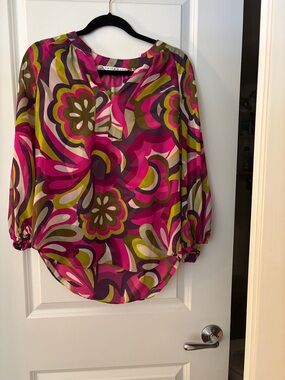 Trina Turk Bold Floral Print Blouse in Fuchsia, Olive & White